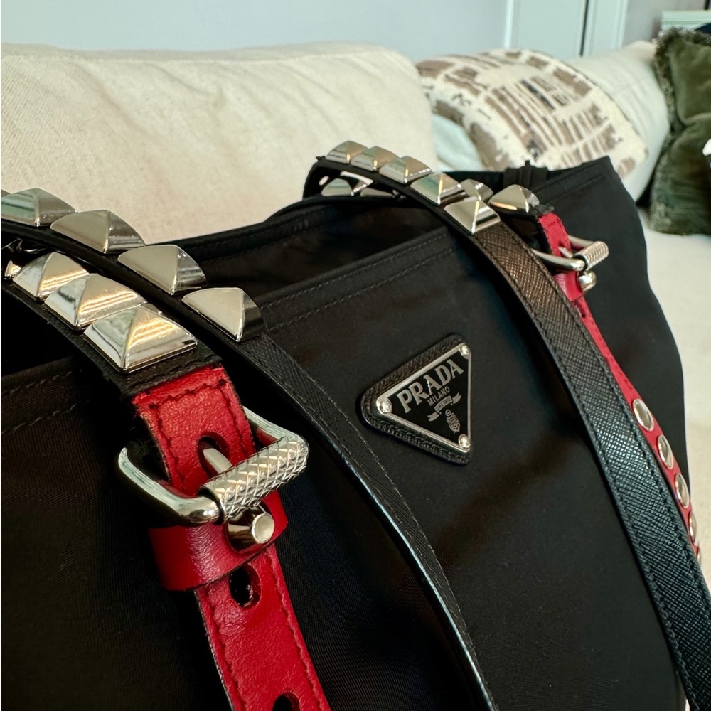 Prada Vela Studded Nylon Black and Red Convertible Tote Bag - Picture 6 of 16
